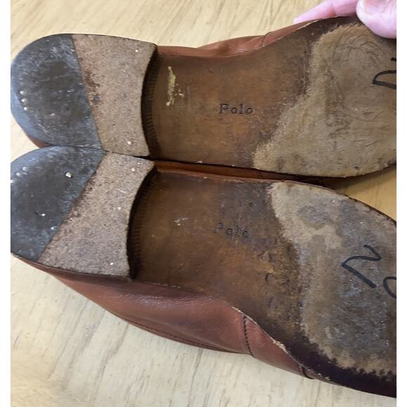 VTG Polo Ralph Lauren Penny Loafers Mens 9 Leather Full Strap Slip On Tan Italy - Picture 7 of 16